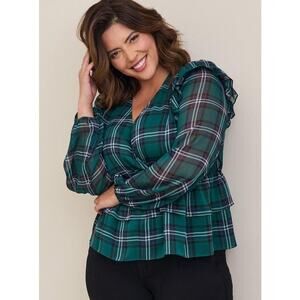 Torrid Green Plaid Chiffon Ruffled Surplice Crop Top Blouse 2 Holiday Christmas